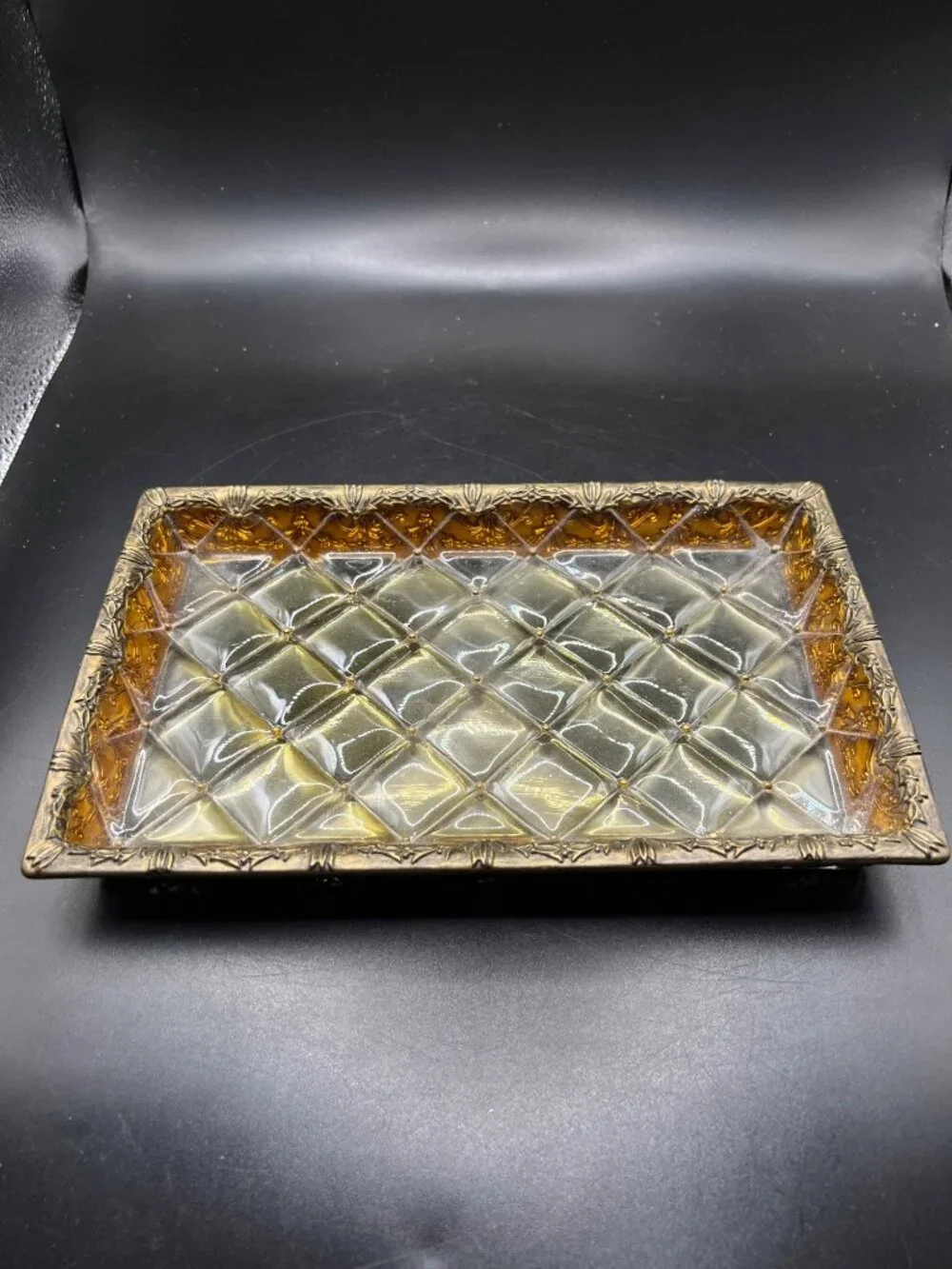 Vintage GoldTone Lucite Vanity Tray Quilted Diamond Pattern Ornate Floral Border